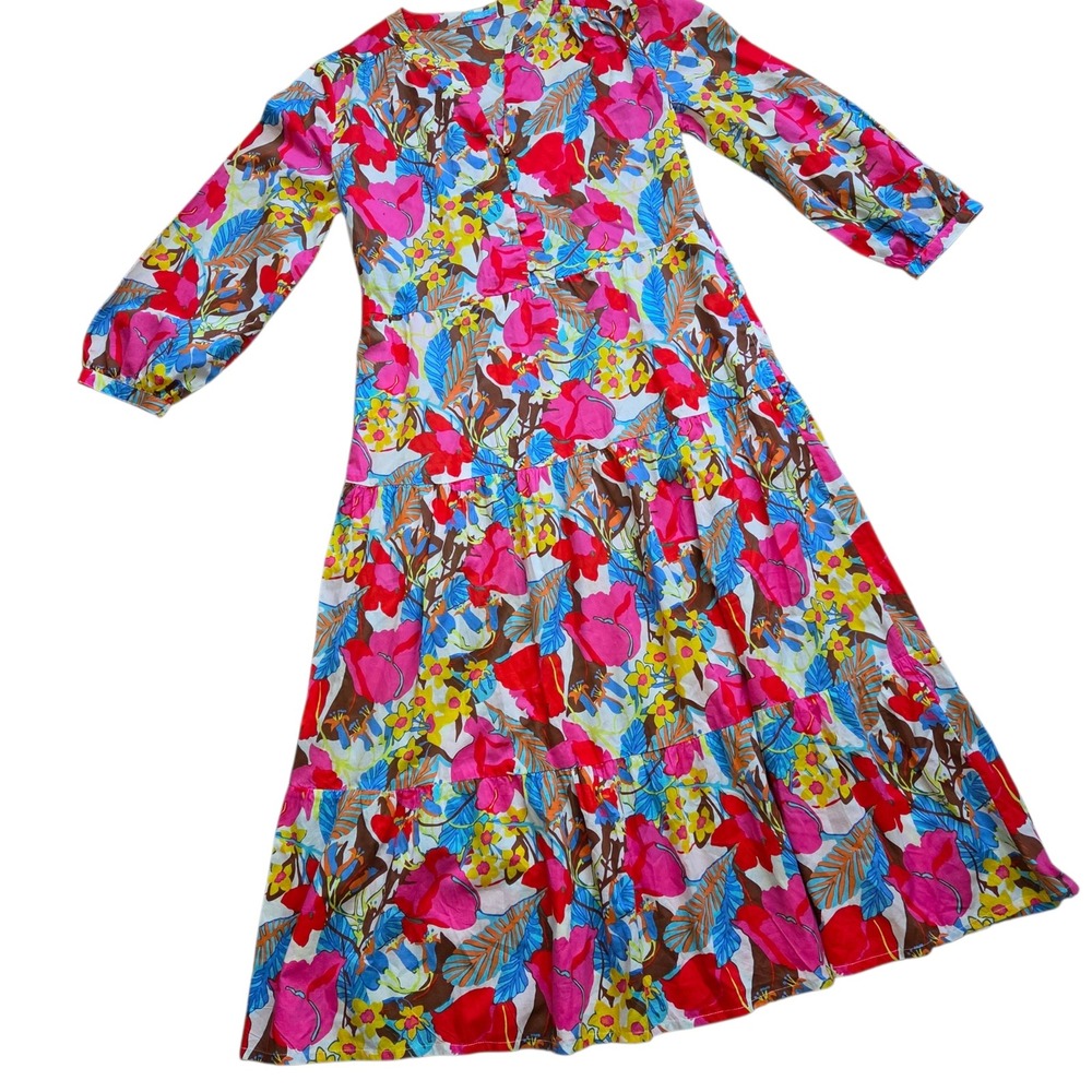J McLaughlin Floral Tiered Midi Dress XS Relaxed Split Neck Long Sleeve